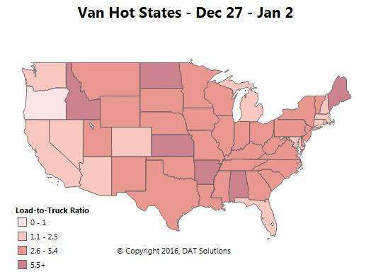 The dry van load-to-truck ratio surged from 1.9 to 3.4 loads per truck on the spot market last week, as year-end demand and ongoing bad weather faced off against a relative shortage of trucks between two holidays. Van rates held steady at a national average of $1.71 per mile, with head-haul rate increases offset by declines in back hauls. Last week&rsquo;s Hot States Map shows a quiet West Coast and truck shortages in a handful of states. This week, the Hot Markets include Minneapolis, Minn.; Green Bay, Wis.; Lubbock and Laredo, Texas; Hutchinson, Kan.; and Pittsburgh and Philadelphia, Pa. Those cities offer exceptional load volume, coupled with high load-to-truck ratios.