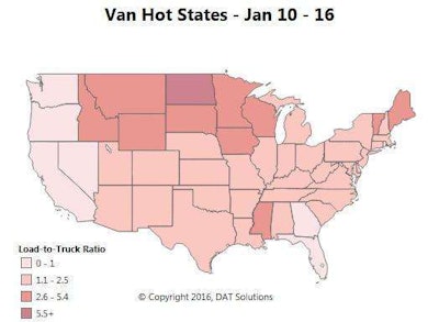 Spot market truck demand fell, too, taking rates with it — the national load-to-truck ratio was down from 2.7 to 1.7 loads per truck last week, though that level was a more typical result for the slow winter season, DAT says, than the prior weeks. The hot states map for last week still shows a lull on the West and East Coasts, with the greater demand balance shifting to the cold Upper Midwest. This week’s hot individual markets include Missoula, Mont.; Rapid City, S.D.; Eau Claire, Wis.; Rock Island, Ill.; Decatur, Ga.; Erie, Pa.; and Syracuse, N.Y.. Those cities offer solid load volume and high load-to-truck ratios today, but local conditions can change quickly. Be sure to check on outbound load availability before you go in.