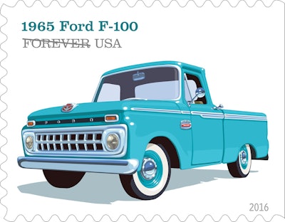 • For the 1965 model, Ford’s F-Series pickups got a facelift. The 1965 Ford F-100 had a new grille that featured 18 small rectangular openings. It also featured what Ford dubbed the “Twin-I-Beam” independent front suspension, greatly improving the quality of the ride. © 2016 USPS