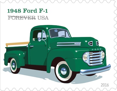 • Also known as the “Bonus Built” line, Ford’s original F series trucks came with the famous “built stronger to last longer” advertising campaign. This 1948 Ford F-1 included features like the roomy “Million Dollar Cab,” a sharp horizontal five-bar grille and a six cylinder engine. © 2016 USPS