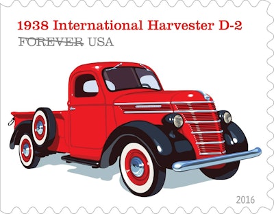 Part of its 1930s D line of pickups, the 1938 International Harvester D-2 had a distinct barrel-shaped grille, and its elegant styling mirrored the look of luxury automobiles of the era. © 2016 USPS