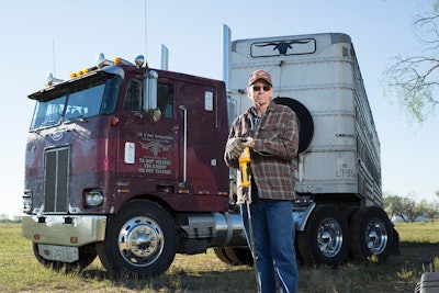 Owner-operator Zach Beadle and his 1976 Peterbilt COE and livestock trailer.
