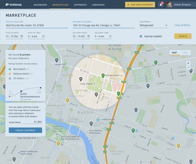 A shipper’s map-based view after a search for truck capacity in the system.