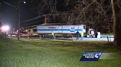 A screenshot from WTAE’s news report shows the damage to a tractor-trailer after a suicide-by-truck crash.