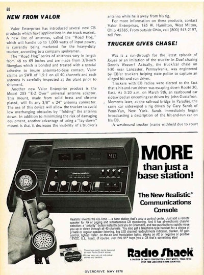 The monthly CB section, a staple in the late 1970s editions of Overdrive, featured not only plugs for new products, but also stories about truckers coming to the rescue after being alerted to a situation via CB, like this one from the May 1976 issue.