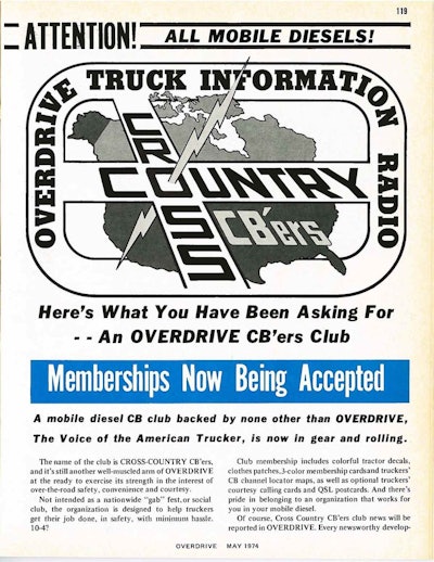 A plug for Overdrive’s Cross-Country CB’ers club in a 1974 issue of Overdrive.