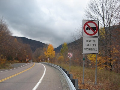Signs entering the “Smugglers’ Notch” area between Cambridge and Stowe, Vermont, indicate no trucks are allowed. (Courtesy Vermont Agency of Transportation)