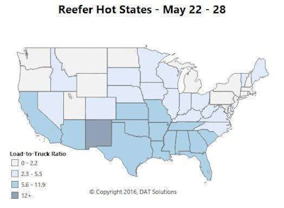 Reefer demand showed similar strengthening when compared to the van map for the week, though reefer rates were unchanged as a national average.