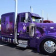 Owner-operator Sean McEndree’s custom Purple Heart Peterbilt, built by DB Customs. McEndree is a Purple Heart medal recipient. He was wounded in Iraq in the early 00s.