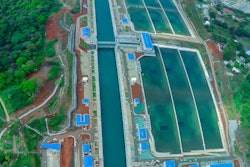Aerial view of the new Agua Clara Locks on the Atlantic side of the Panama Canal. The new three-step lock system runs parallel to the existing Gatun Locks built in 1914.