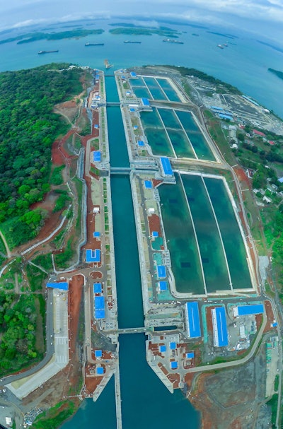 Aerial view of the new Agua Clara Locks on the Atlantic side of the Panama Canal. The new three-step lock system runs parallel to the existing Gatun Locks built in 1914.