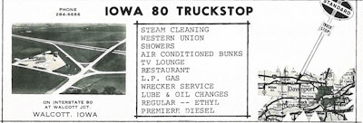 An ad for the Iowa 80 Truckstop from the September 1965 issue of Overdrive. Compare it to the aerial photo above, which ran less than 10 years later in Overdrive.