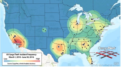 CargoNet’s most recent theft heat map, issued in late July.