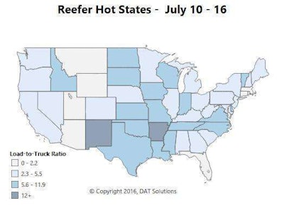 Reefer freight volume declined last week, and rates adjusted after a surprising spike right after July 4. Bright spots last week were literally all over the map: The Rio Grande Valley and Mexican border crossing market at McAllen, Texas, had strong traffic and rising rates last week. Reefer freight volume is building in Fresno, so look for rates to trend up there, even as volume and rates decline in L.A. Outbound rates continue to rise in Elizabeth, N.J., close to warehouses, the East Coast’s largest sea port, and farms in the more rural areas of the Garden State.