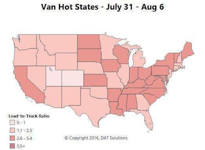 Most price changes on the top 100 van lanes were minor, but demand on regional lanes boosted load-to-truck ratios in the Northeast. Rates on the lane from Buffalo to Allentown, Pa.¸ were up 13 cents to an average of $2.59 per mile. The Midwest has also been improving, with outbound prices up in both Columbus and Chicago. The lane from Columbus to Memphis was up 22 cents, a good sign for retail traffic. Almost every major outbound lane from Memphis paid better last week. On the flip side, prices keep falling in Atlanta and Dallas. Those markets are numbers 1 and 2 for load posts on DAT Load Boards, but they’re also numbers 2 and 3 for truck posts. That extra competition for loads has kept rates from going up.