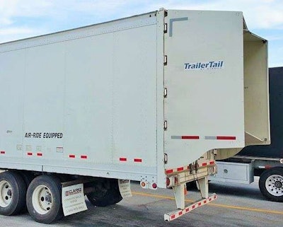 Aerodynamic enhancements to the trailer have also contributed to his recent fuel-mileage gains, he says, chiefly the addition of the TrailerTail shown here. Lawrence says he’s thinking of going the route of further enhancements to the box in the future.