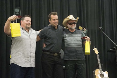 Trucker Talent finalists Will Perry, left, and Keith Snyder, right, pose with Wilson, middle.