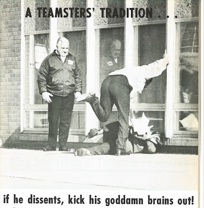 This image was shot by Detroit News photographer Joseph F. Wiedelman in the 1960s. It ran in the January 1969 Overdrive, but it also appeared in other issues alongside articles railing against the Teamsters and their strong-arm tactics. The man on the ground was Bernard Jacubus, who was handing out anti-Jimmy Hoffa literature in front of a Teamsters office.