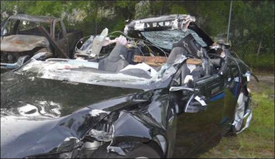 The wreckage of the Tesla Model S involved in a crash that was fatal for its driver earlier this year. NTSB noted that, with Tesla’s beta “Autopilot” function enabled at the time of the crash, the vehicle was speeding.
