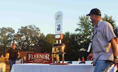 4 State Trucks’ Bryan Martin (right) just after the introduction of the 2016 Larry H. Martin award recipient, trucker and singer-songwriter Tony Justice (left).