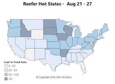 REEFER TRENDS: Idaho lit up the Hot States map last week, and with good reason. Potatoes are rolling out of Twin Falls, and rates are up. For example, the lane from Twin Falls to Phoenix added 18 cents per mile on average last week, to an even $2.00. Washington State has apples and onions, so you can find loads from Spokane to Seattle and back. The rest of the excitement is in the Midwest: Load availability is up in Chicago, but rates haven’t followed … yet. Rates were down in Green Bay, Wis., and Grand Rapids, Mich., last week, but still higher for the month. Rates rose sharply on a couple of lanes out of Grand Rapids, even though apple harvests have been disappointing. The Southeast is pretty quiet, and rates in Miami are back in the off-season doldrums, although there’s still some life in Atlanta. HOT ROUND TRIP: Spokane to Seattle and back, 560 miles at an average of $2.82 per mile.