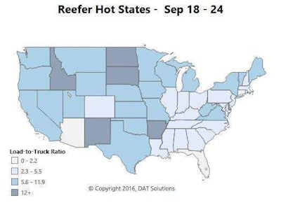 Reefer overview: Apple season is winding down in the Midwest, but Idaho and Eastern Oregon are still producing potatoes and onions. Refrigerated warehouses and packaged food processing plants are adding to reefer freight volume in New Jersey. Could this be Halloween candy, moving from one distribution center to another? That’s a treat for regional truckers.