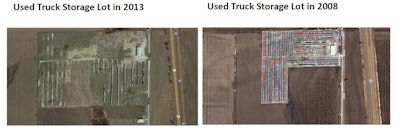 Clough showed these two slides in his presentation, pointing to the high used inventory in 2008 (right), driven by low demand before the onset of the Great Recession and high build rates in the years prior. The photo on the left shows the same lot — nearly empty — in 2013. The 2013 used supply shortage was due to low build rates in 2009, 2010 and 2011, along with greater demand. Prices peaked in 2013, Clough said.