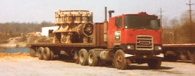 The model year of this Brockway was around 1972. Brockway remained a division of Mack Trucks after its purchase. In this photo, Maxwell was hauling a stone crusher used in concrete production.