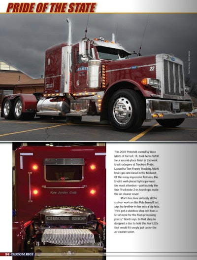 A page devoted to Marti’s then-relatively-new Pete from the first, 2008 edition of Custom Rigs magazine, highlighting in part his brother’s work on the fitting for the lights under the air cleaner covers.