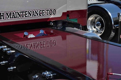 … the fiberglass deckplate. Just under the driver-side corner of the cab extenders in this shot, too, you can just see the reflective underside of the panels — those repurposed drop visors I mentioned prior. Watch the video for better detail on those.