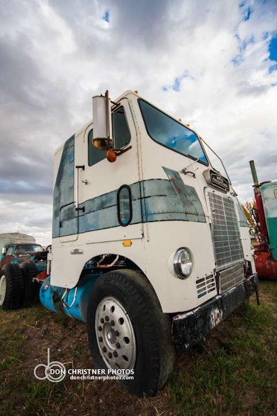 This White Freightliner “would have been very pretty when it was new with that paint job,” says Christner.
