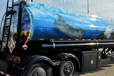 The passenger-side depiction of a battleship on Maxey’s tank is meant to be the USS Arizona, now a memorial at Pearl Harbor in Hawaii. Maxey has depicted it as an operational vessel.