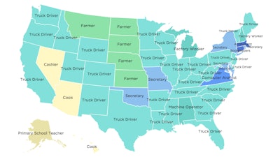 The most common job in each continental U.S. state, according to an NPR report based on Census Bureau data that circulated in 2015.