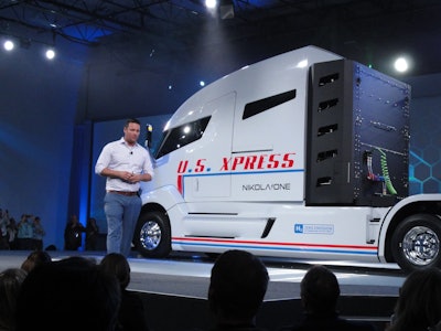 Trevor Milton, founder of Nikola Motor Company, unveiled the fully-electric Nikola One Class 8 truck at company headquarters in Salt Lake City.