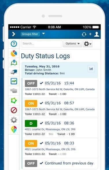 Geotab’s overall telematics solutions includes e-log functionality, as shown here in a screenshot from MyGeotab management app now available on iPhones and iPads.