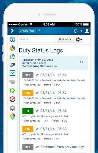 Geotab’s overall telematics solutions includes e-log functionality, as shown here in a screenshot from MyGeotab management app now available on iPhones and iPads.