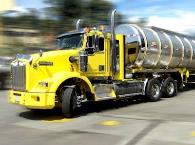Outboard-mounted SuperAir tire-inflation system on a tractor in a tank application.