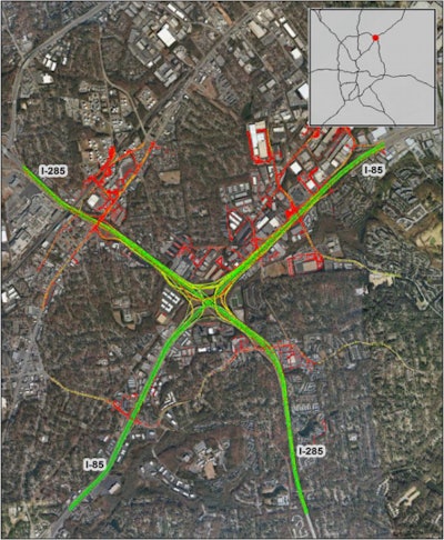 Atlanta’s “Spaghetti Junction” interchange at I-285 and I-85 North is the most congested location in the U.S., according to ATRI research. (Image via ATRI’s 2017 Top Truck Bottleneck List)