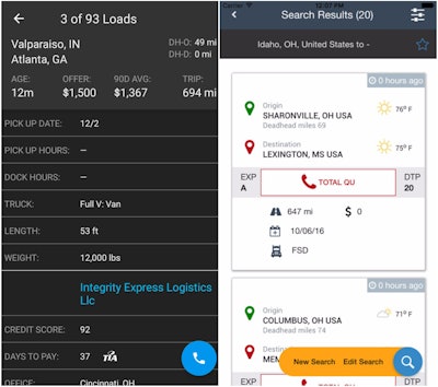 Screen grabs from relatively new DAT Load Board for Truckers (left, Android) and Truckstop.com Mobile (right, Android and iOS) apps.