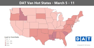 Higher than usual load counts in the northeast led for generally greater load-to-truck ratios last week, ahead of the forecast noreaster that just tore through the region.