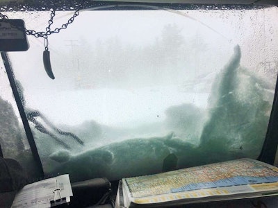 The winter storm last week wasn’t all hunky-dory for owner-operators, despite the effect on rates into and out of the Northeast preceding it, as this image from inside the 1999 Kenworth of independent Howard Salmon shows in part. Salmon rode out the storm at the RMZ Truck Stop in Londonderry, N.H., choosing to cancel two Northeast short hauls just ahead of it coming in to ensure he’d make the run he’d planned to pick Wednesday last week. “The call I made was the right one,” he says. “Cut the losses and wait till it goes by.”