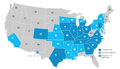 Celadon is offering increased driver pay for owner-operators in roughly 15 states, shown above with blue stripes.