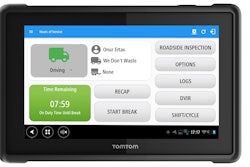 The TomTom Bridge runs M2M DataSmart’s hours logbook and DVIR programs on this 7-inch screen.