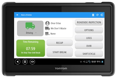 The TomTom Bridge runs M2M DataSmart’s hours logbook and DVIR programs on this 7-inch screen.
