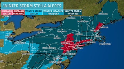 Winter Storm Stella is predicted to dump as much as 20 inches of snow in some locations in and around New England Monday and Tuesday. Blizzard warnings have already been issued for parts of the region. (Weather Channel photo)