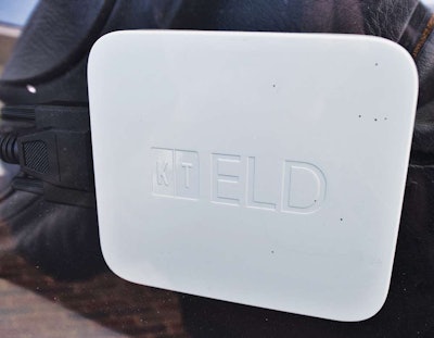 The KeepTruckin BYOD-style ELD “black box” connects to the ECM via cable and plugin. KeepTruckin recommends users mount the device in the dash to maintain a clear GPS connection. The device pairs with the KT app on a smartphone or tablet via Bluetooth connection.