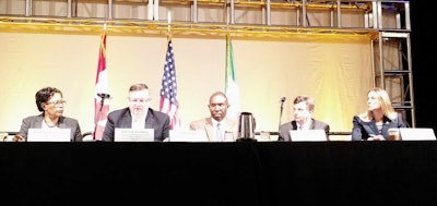 The government panel at the listening session, from left: FMCSA Deputy Administrator Daphne Jefferson, Chief Safety Officer Jack Van Steenburg, Associate Administrator Larry Minor, Director of Analysis, Research and Technology Steven Smith, and Dee Williams, leader for NHTSA’s Federal Automated Vehicles Policy Implementation