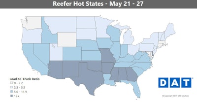 Reefer rates have already matched their June peaks from a year ago in many parts of the country, which could make for a very strong June this year.