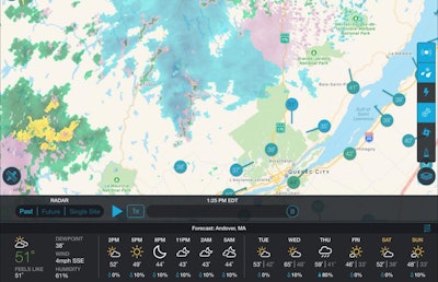 Snapshot of the Weather Company’s new dashboard, though which dispatchers can set up individualized alerts of approaching hazards that are delivered to an in-cab or mobile device. This alerting capability can track a driver’s trajectory and send alerts based on approaching weather. Weather updates can come in as frequently as every five minutes and down to a 500-meter resolution.