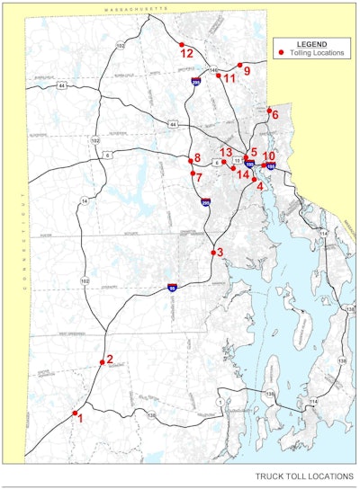 A map of the truck tolling locations specified by the Rhodeworks plan.